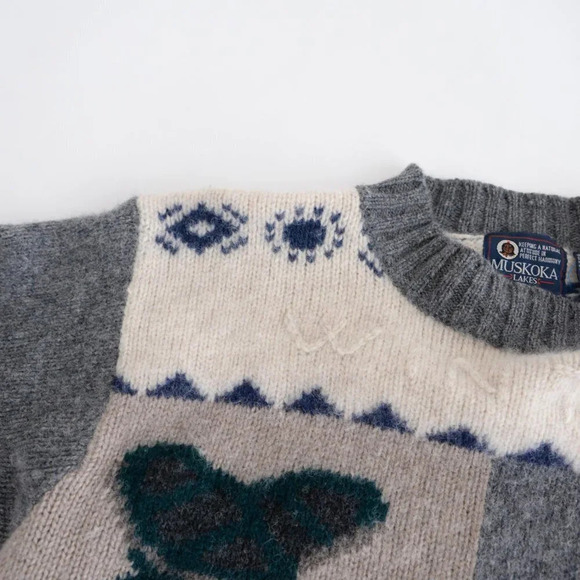 Vintage Muskoka Lakes Grey & Cream 100% Shetland Wool "Winter" Design Size Large - Picture 9 of 13